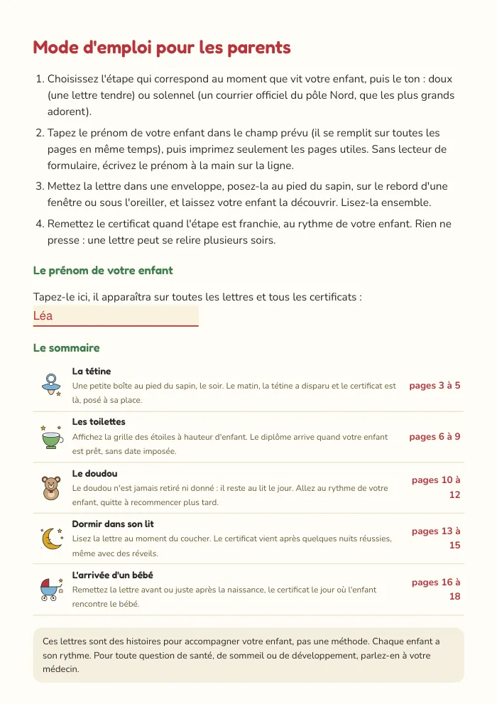 Le mode d'emploi pour les parents, avec le champ du prénom et le sommaire des étapes