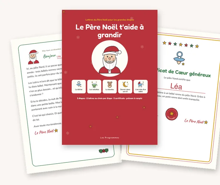 Trois pages du PDF : la couverture, une lettre du Père Noël au prénom de Léa et son certificat